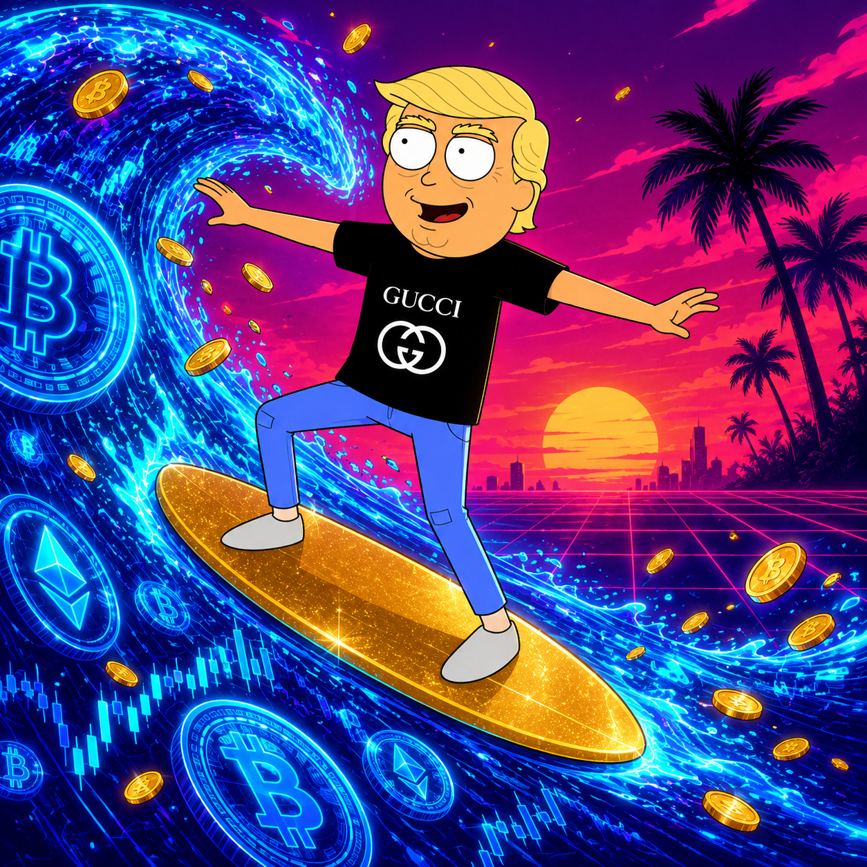 Surfing a neon crypto wave